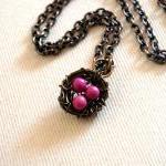 Bird nest necklace with pink turqouise