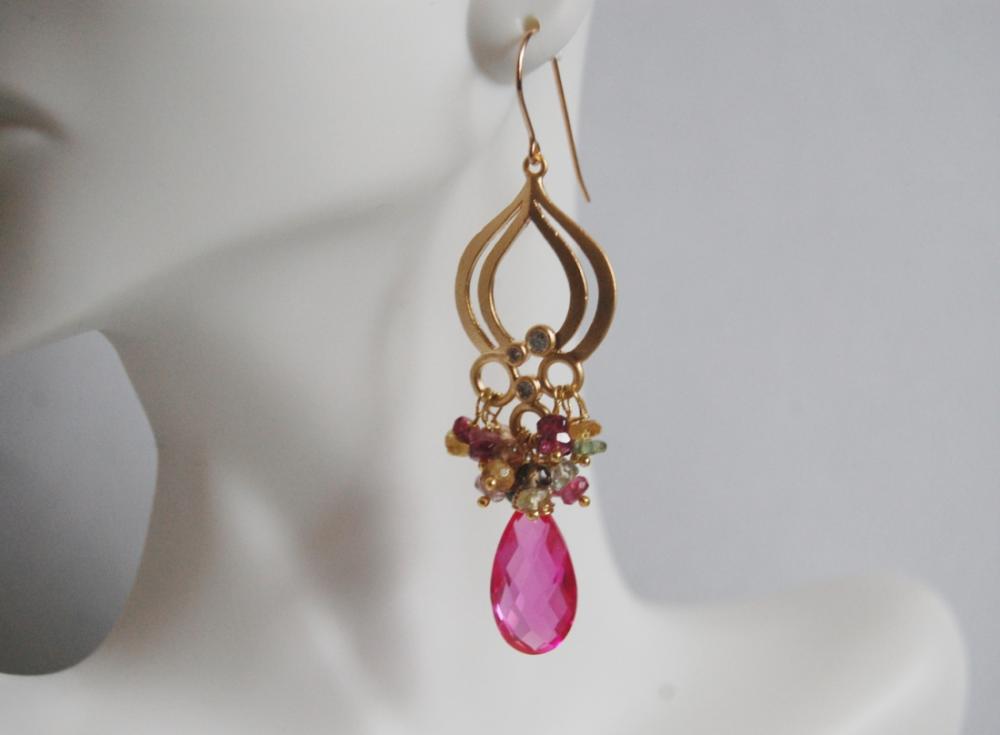 Hot pink Quartz And Multi Tourmaline Chandelier Earrings