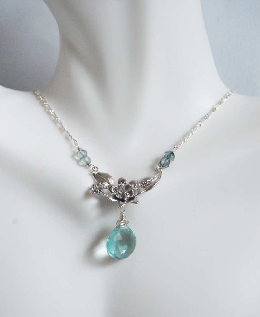 Sage Green Quartz and Mystic teal blue quartz flower pendant Necklace