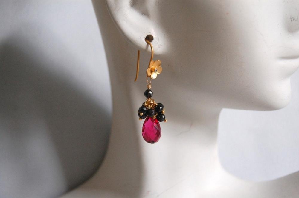 AAA hot pink quartz and black spinel dangle earrings