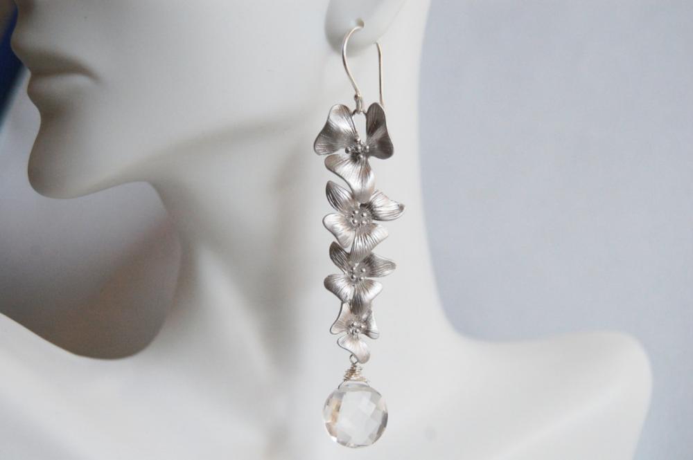 Crystal Quartz And Long Drop Flower Earrings