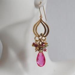 Hot pink Quartz And Multi Tourmaline Chandelier Earrings