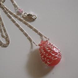 Cherry Quartz netted with sterling silver pendant necklace