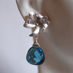 Beautiful London blue quartz and flower with cubic zirconia earrings