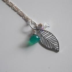 Emerald green quartz, swarovski crystal and leaf necklace with sterling silver chain