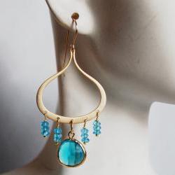 Bezel setting Glass blue zircon , London blue quartz Chandelier earrings