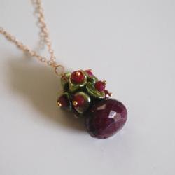 Ruby Necklace with Green keishi pearl and gold filled