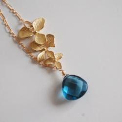 London blue quartz and Orchid charm Necklace with Gold filled chain.