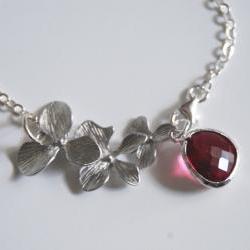Bezel setting Fuchsia on Sterling silver Chain and orchid charm bracelet