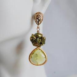 Green Keishi pearl and Peridot green glass drop earrings