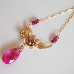 Hot pink Quartz And Gold Plated Flower pendant Necklace
