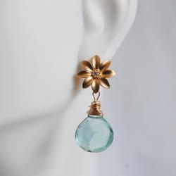 Gorgeous Sage Green Quartz and Flower connector Dangle Earrings